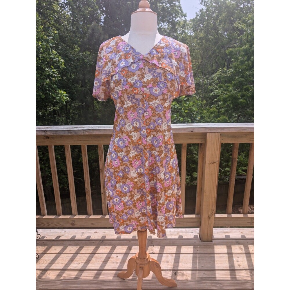 1960s Vintage Floral Dress Groovy Layered Neckline Mod Small